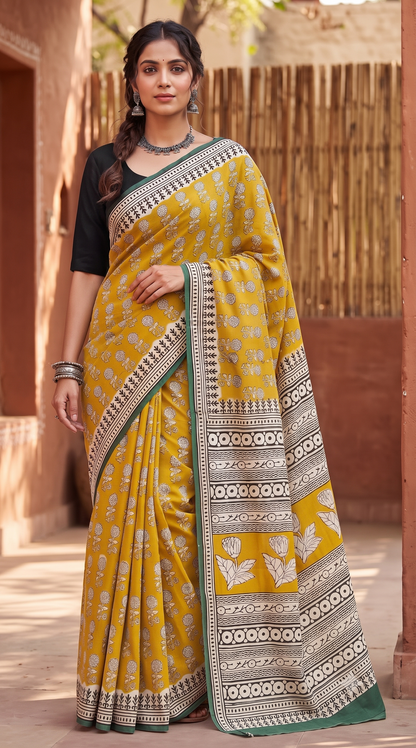 Mustard Green Handblock Mull Cotton Saree
