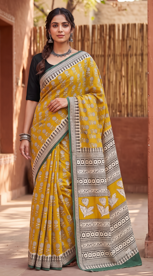 Mustard Green Handblock Mull Cotton Saree