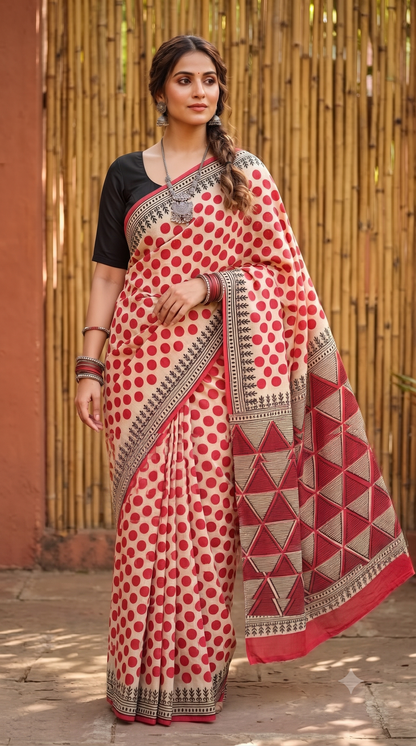 Red Polka Handblock Mull Cotton Saree