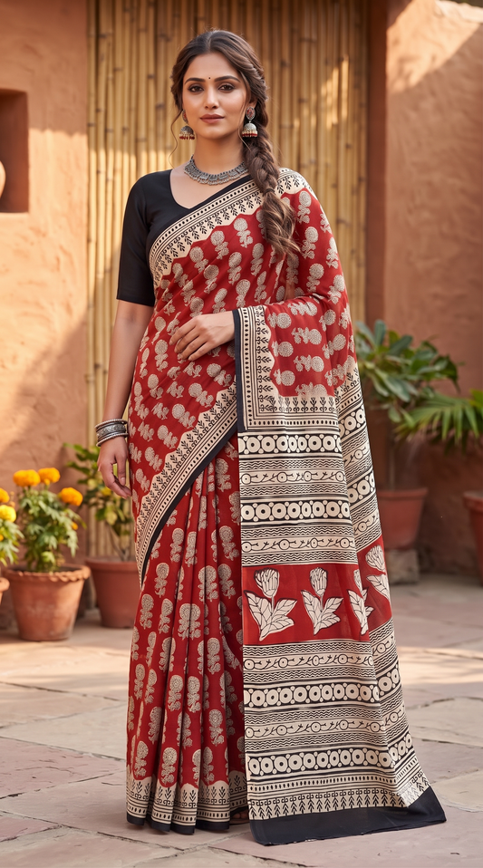Red Black Handblock Mull Cotton Saree