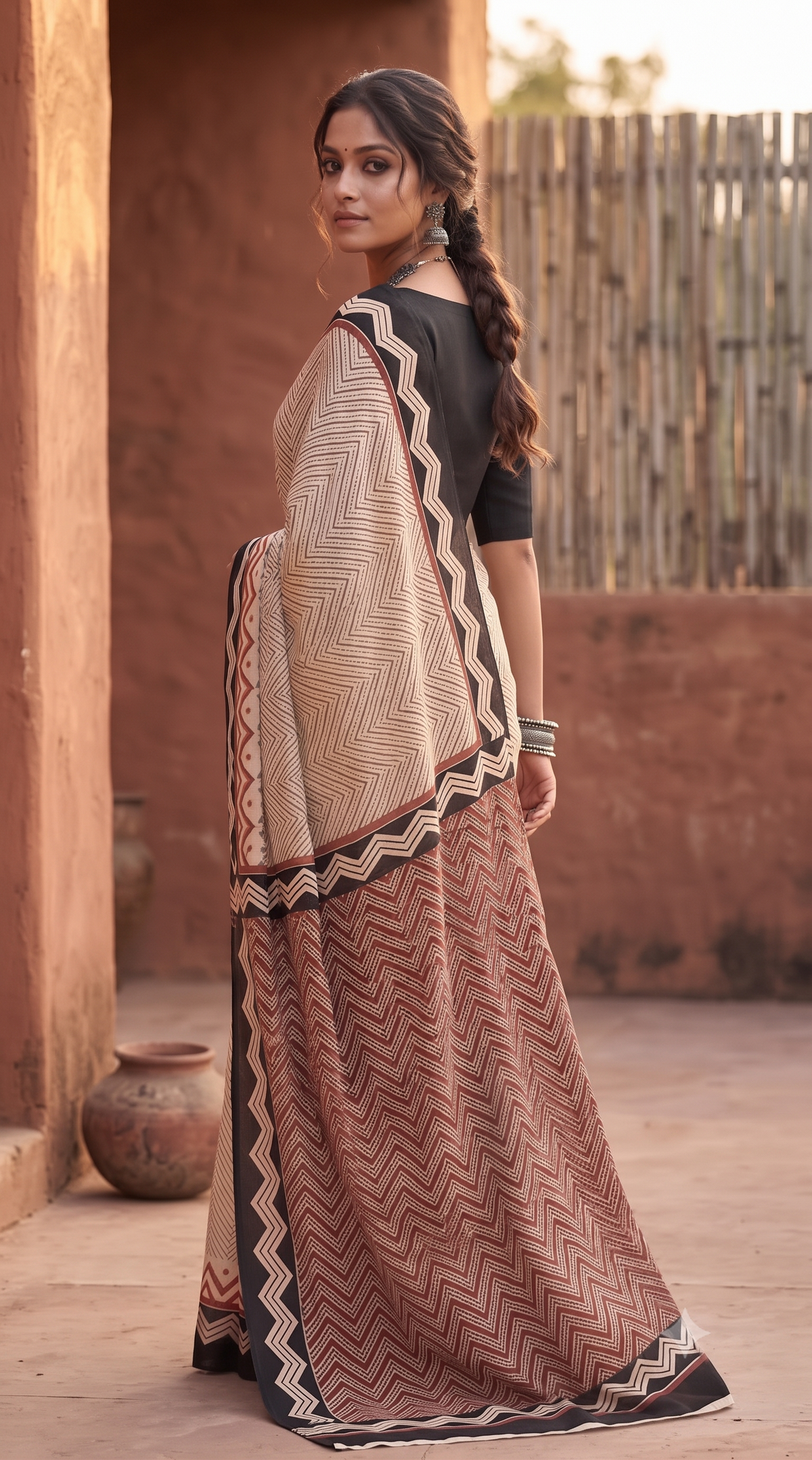 Black Red Handblock Mull Cotton Saree