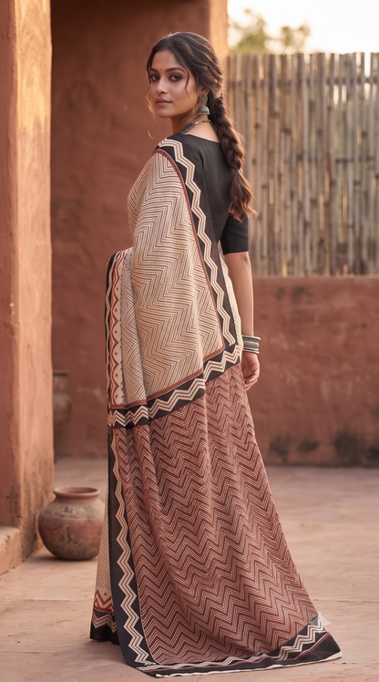 Black Red Handblock Mull Cotton Saree