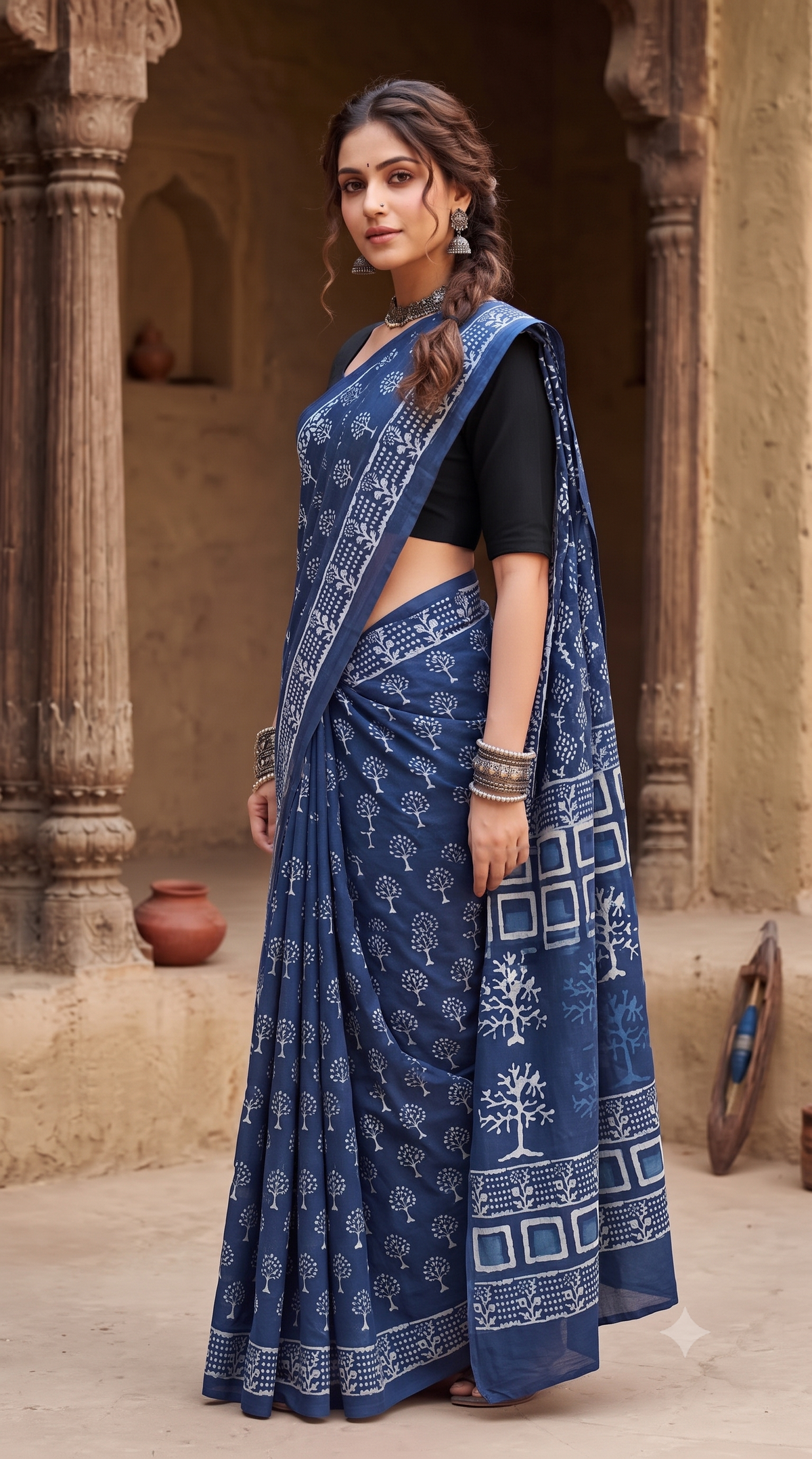 Indigo Flower print Mull Cotton Saree