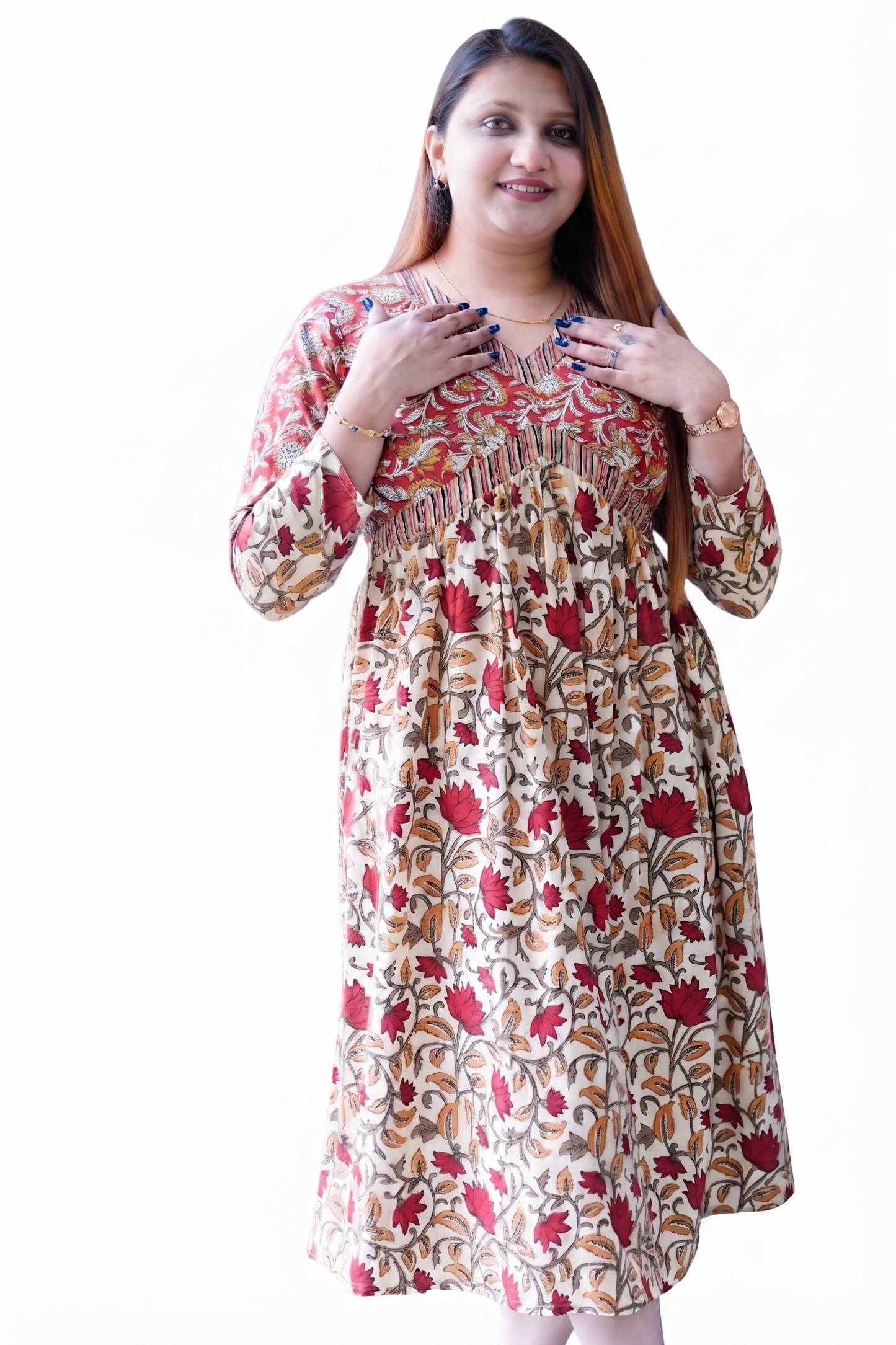 Red Bagru Print V Neck Mid length Dress