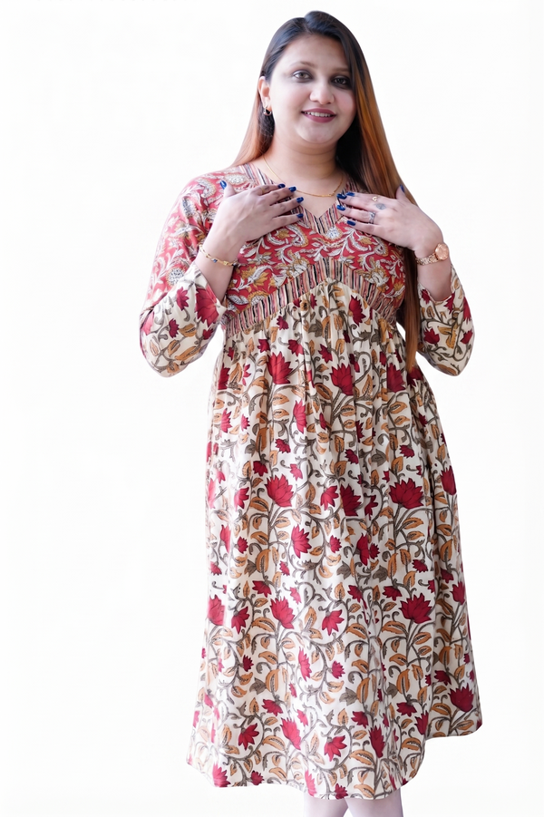 Red Bagru Print V Neck Mid length Dress