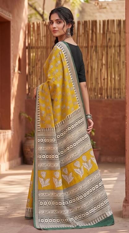 Mustard Green Handblock Mull Cotton Saree