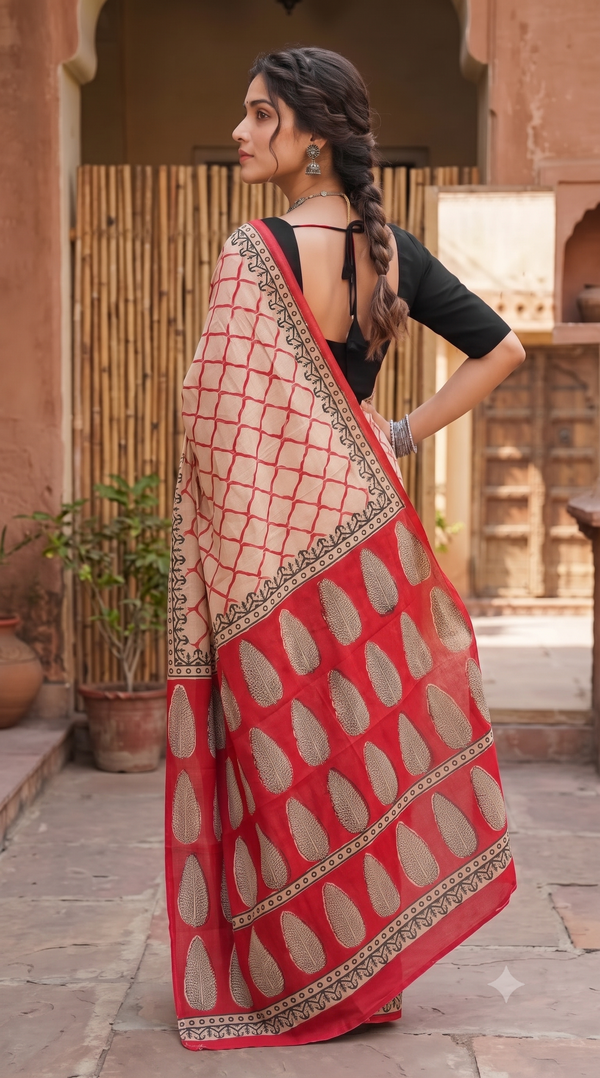 Red Beige Handblock Mull Cotton Saree