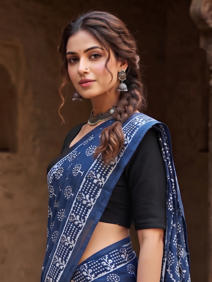 Indigo Flower print Mull Cotton Saree