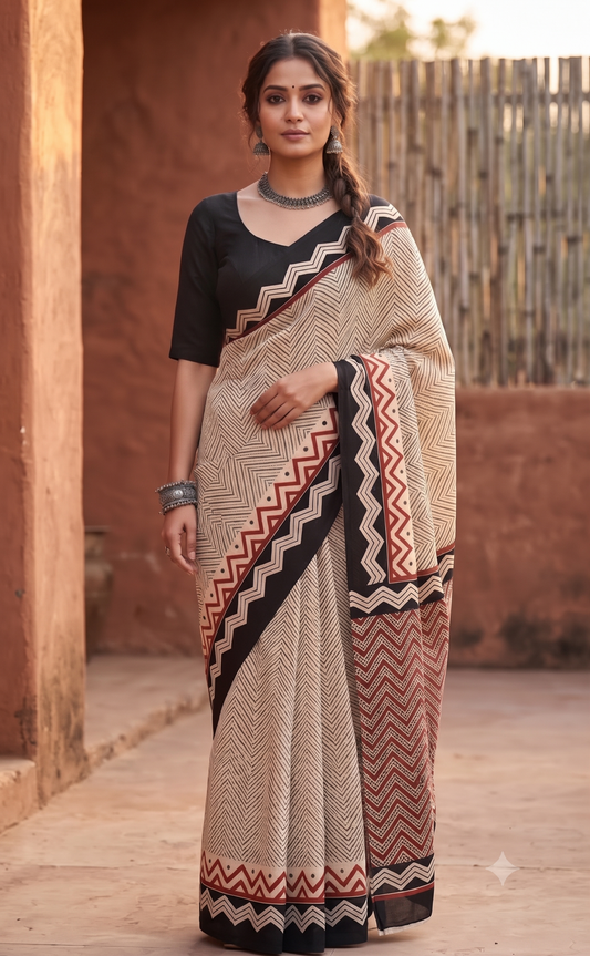Black Red Handblock Mull Cotton Saree