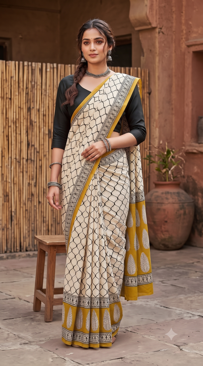 Mustard Handblock Mull Cotton Saree