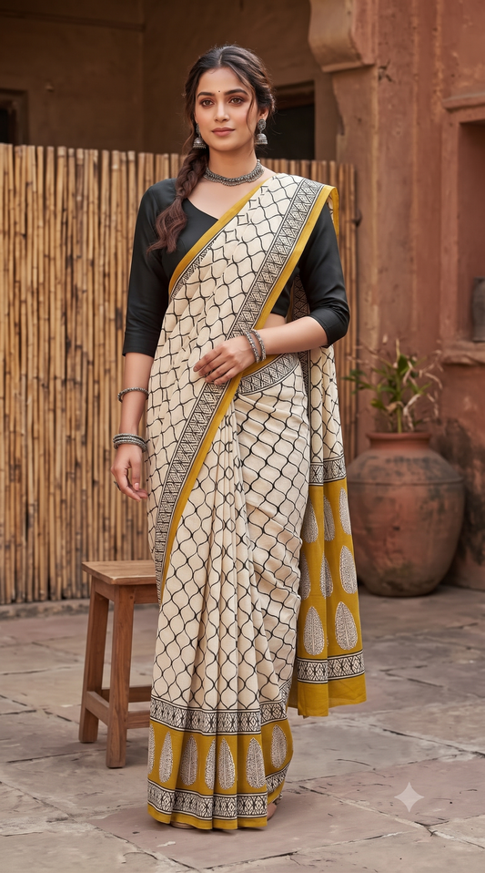 Mustard Handblock Mull Cotton Saree