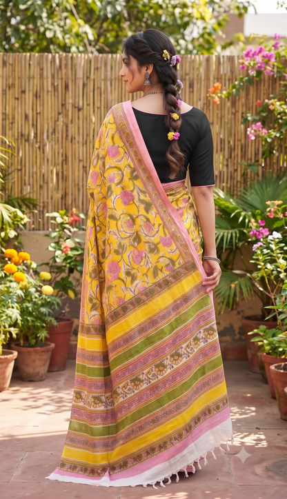 Floral Yellow Mull Cotton Saree