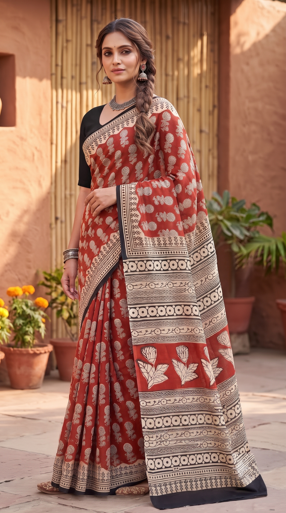 Red Black Handblock Mull Cotton Saree