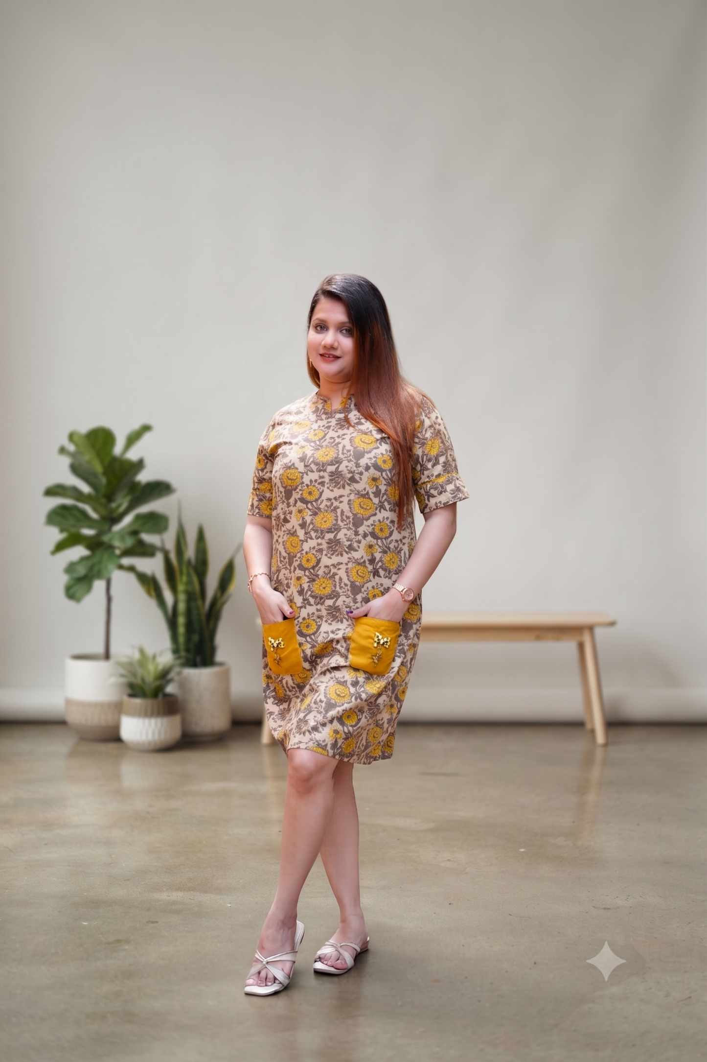 Mustard Ajrak Handblock Print Knee Length Dress With Hand Embroidery On Pockets