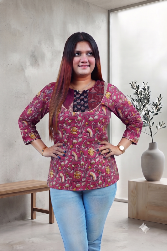 Pink Kalamkari Handblock Printed Cotton Top
