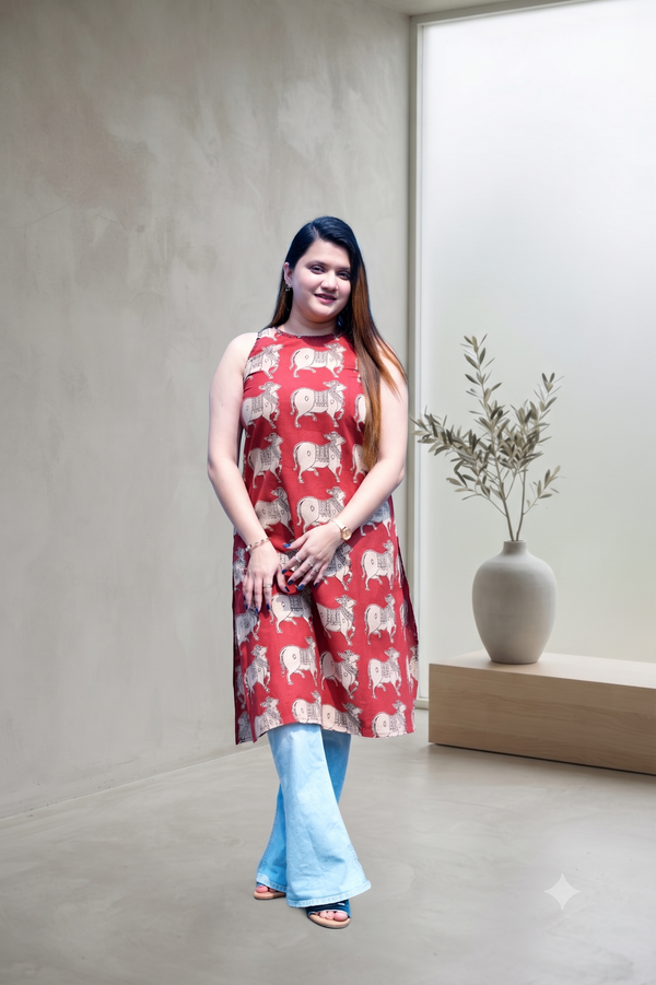 Rust Kalamkari Halterneck Kurti with Hand Embroidery Detailing