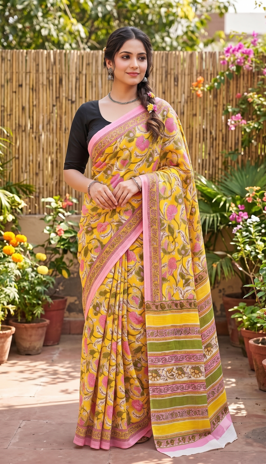 Floral Yellow Mull Cotton Saree