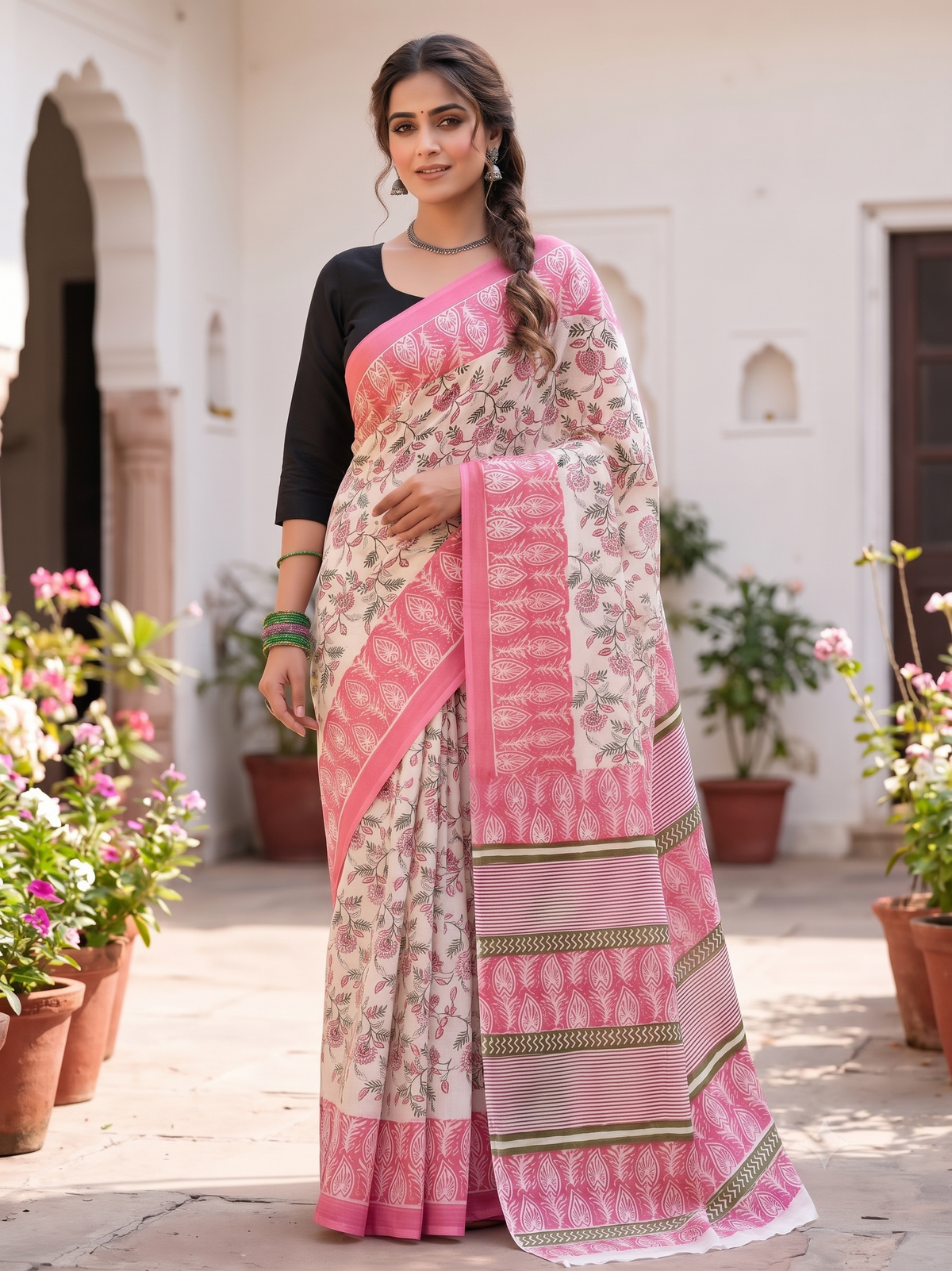 Pink Green Handblock Mull Cotton Saree