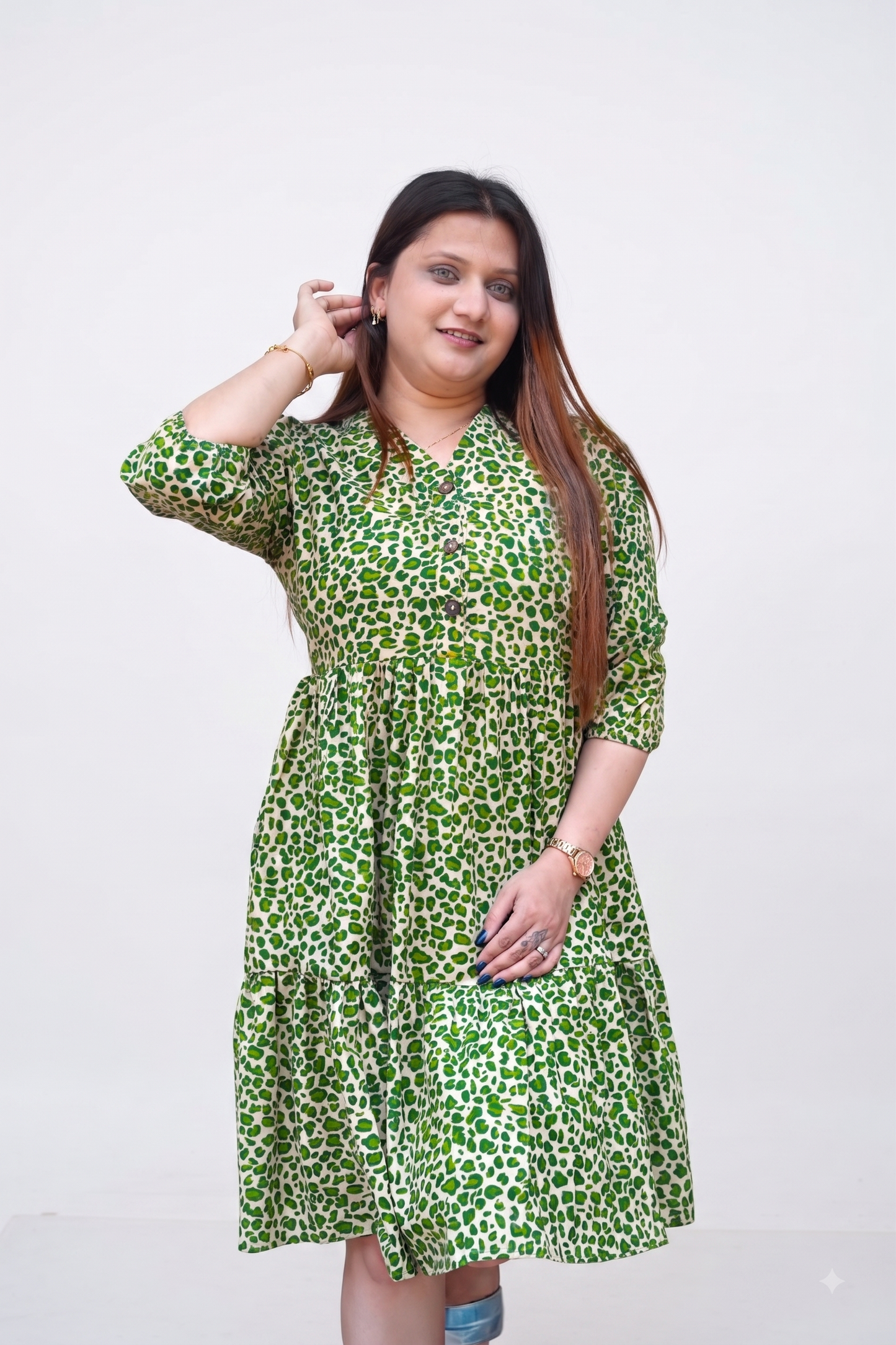 Green Leopard Handblock Print Below Knee Dress