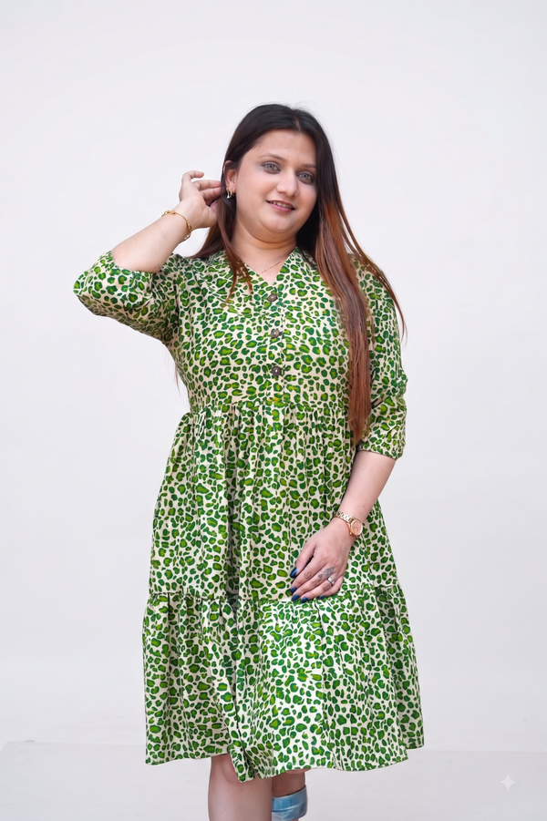 Green Leopard Handblock Print Below Knee Dress