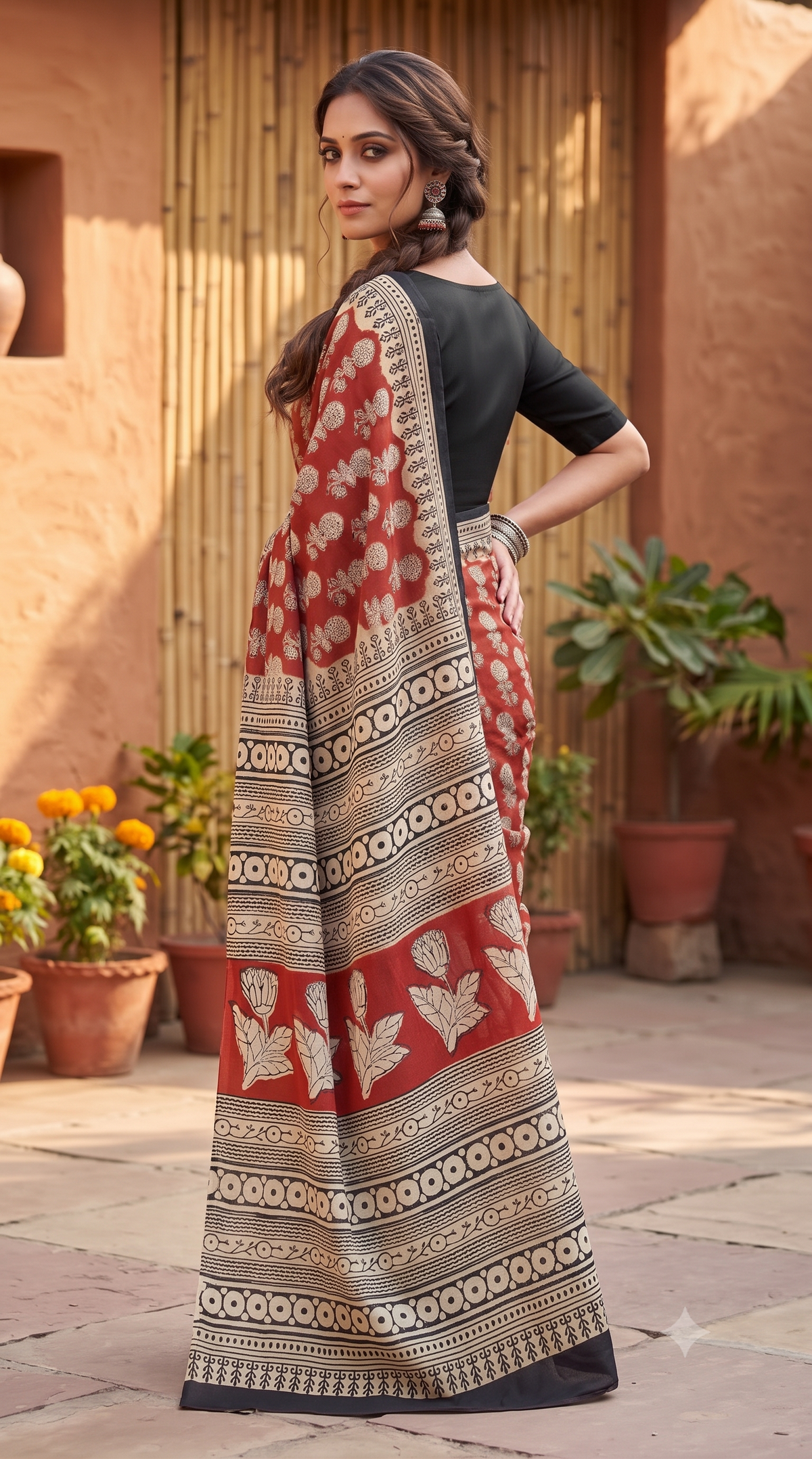 Red Black Handblock Mull Cotton Saree