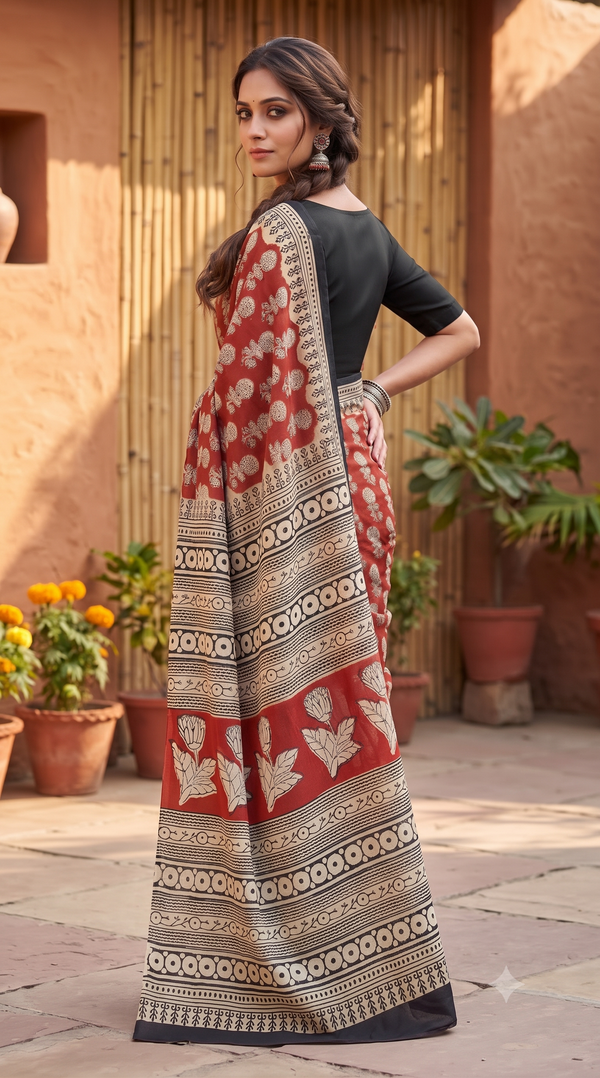 Red Black Handblock Mull Cotton Saree