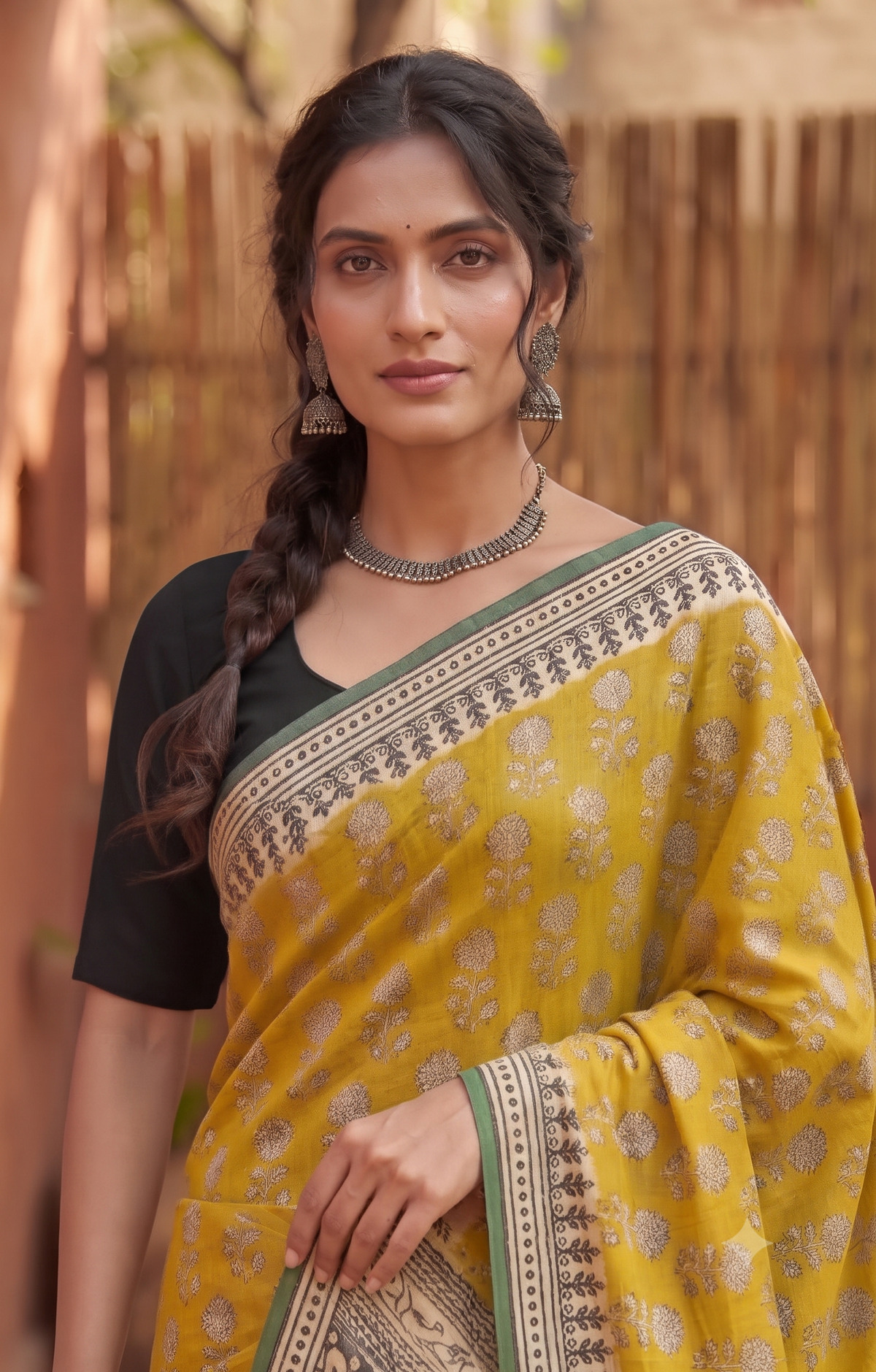 Mustard Green Handblock Mull Cotton Saree