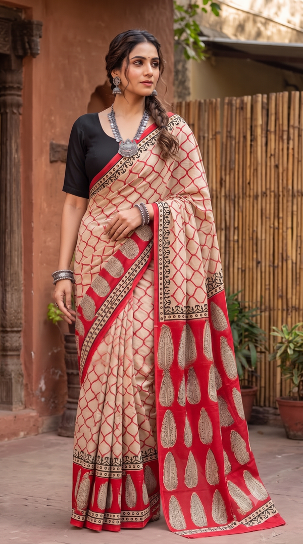 Red Beige Handblock Mull Cotton Saree
