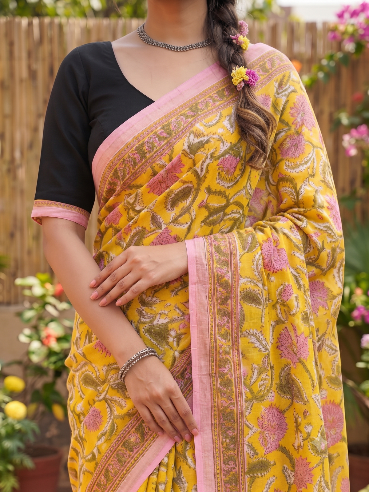 Floral Yellow Mull Cotton Saree