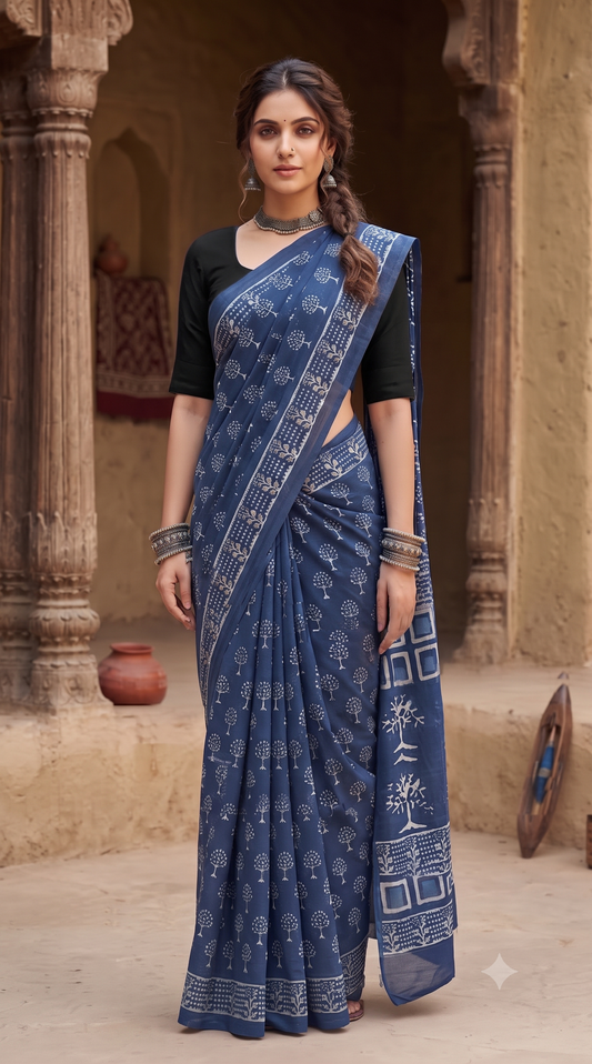 Indigo Flower print Mull Cotton Saree