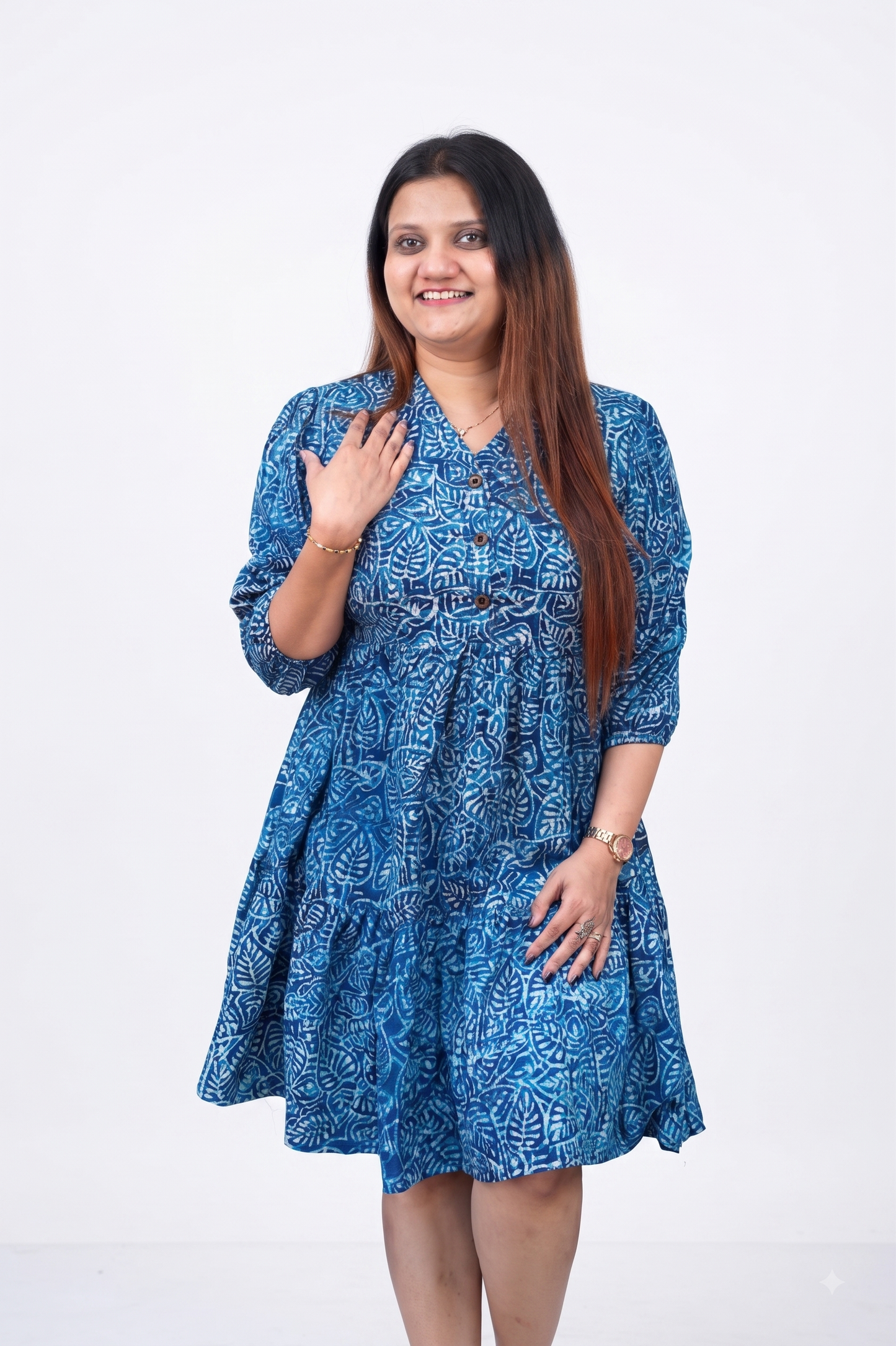 Indigo Handblock Print Below Knee Dress