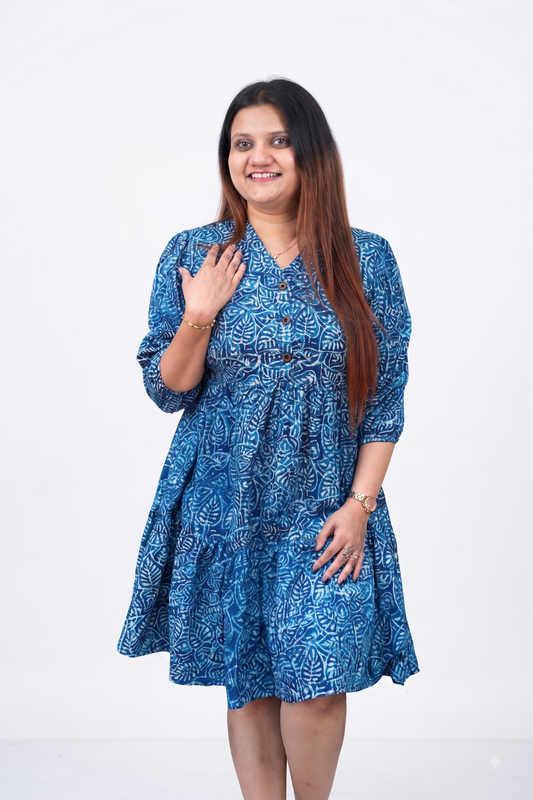 Indigo Handblock Print Below Knee Dress