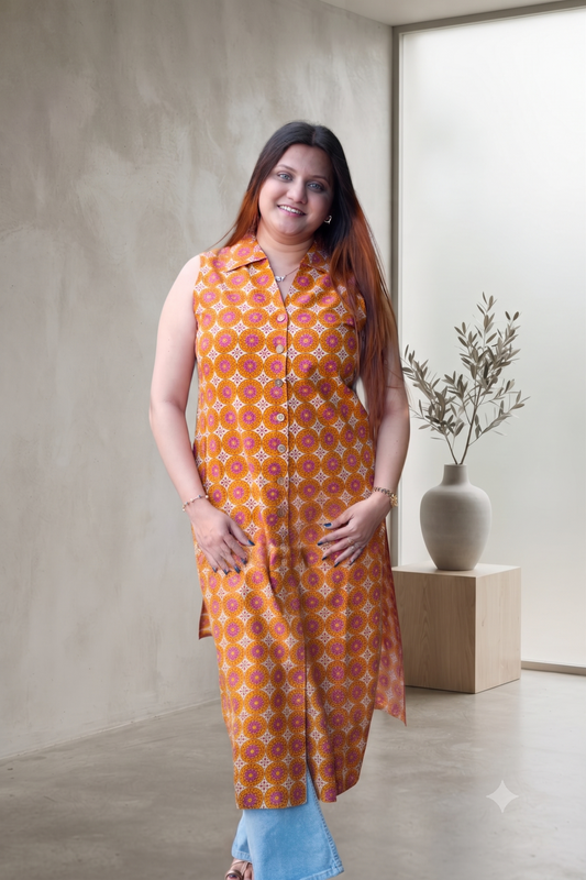 Sleeveless Mustard Hand Printed Cotton Long Kurti