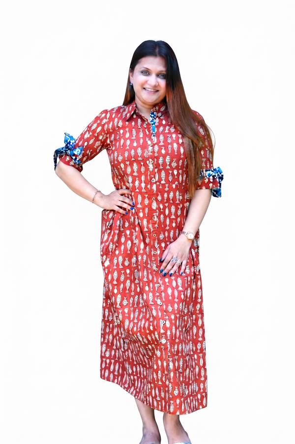 Rust Bagru Print Cotton Dress