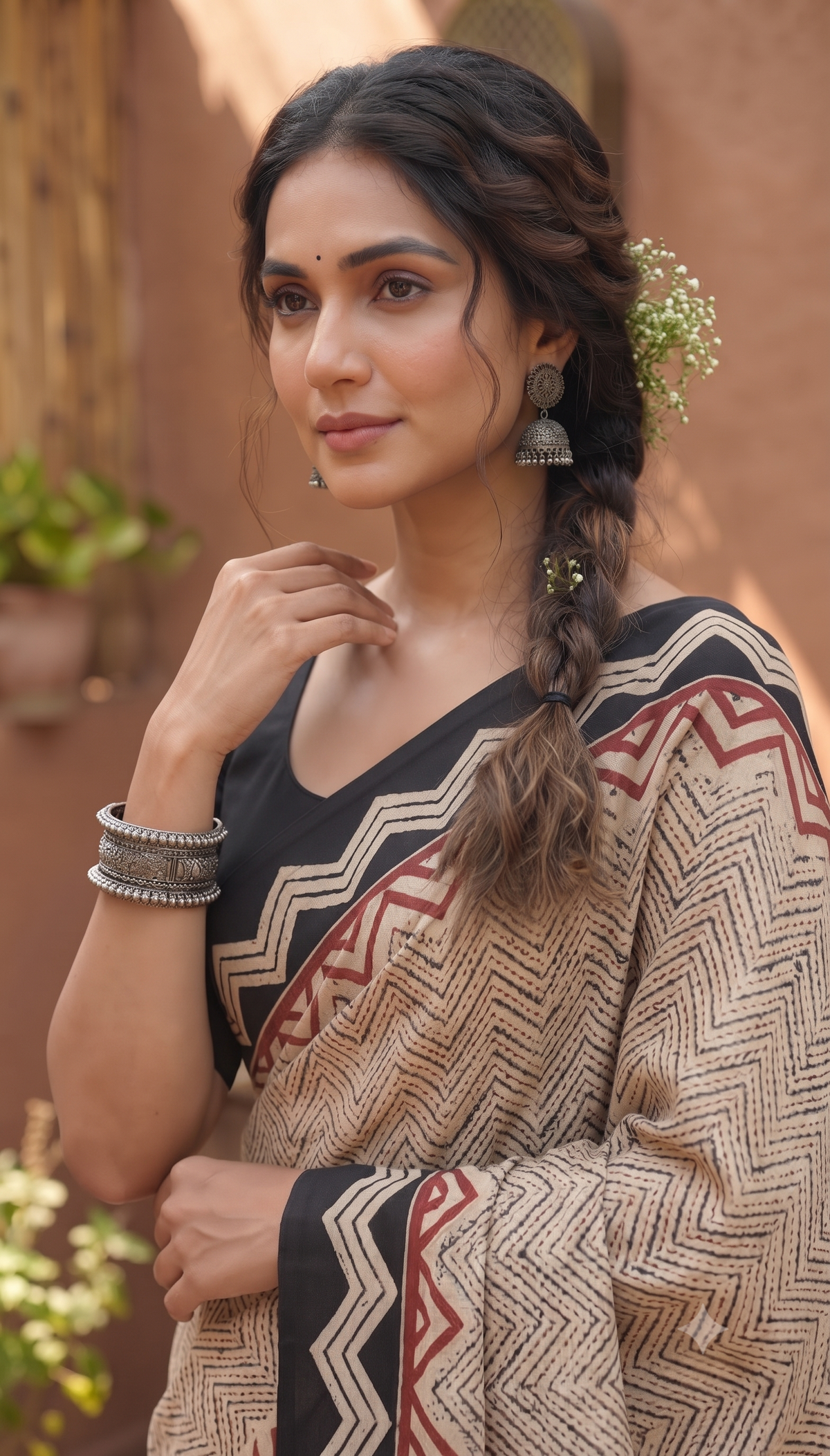 Black Red Handblock Mull Cotton Saree