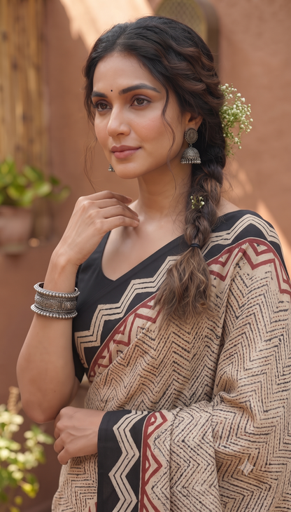 Black Red Handblock Mull Cotton Saree