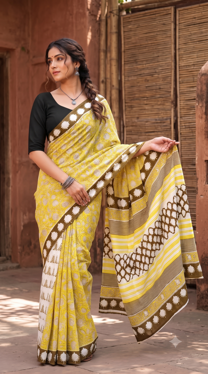 Yellow Brown Handblock Mull Cotton Saree