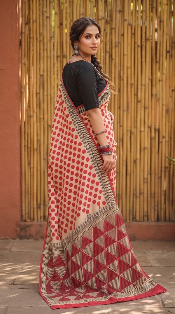 Red Polka Handblock Mull Cotton Saree