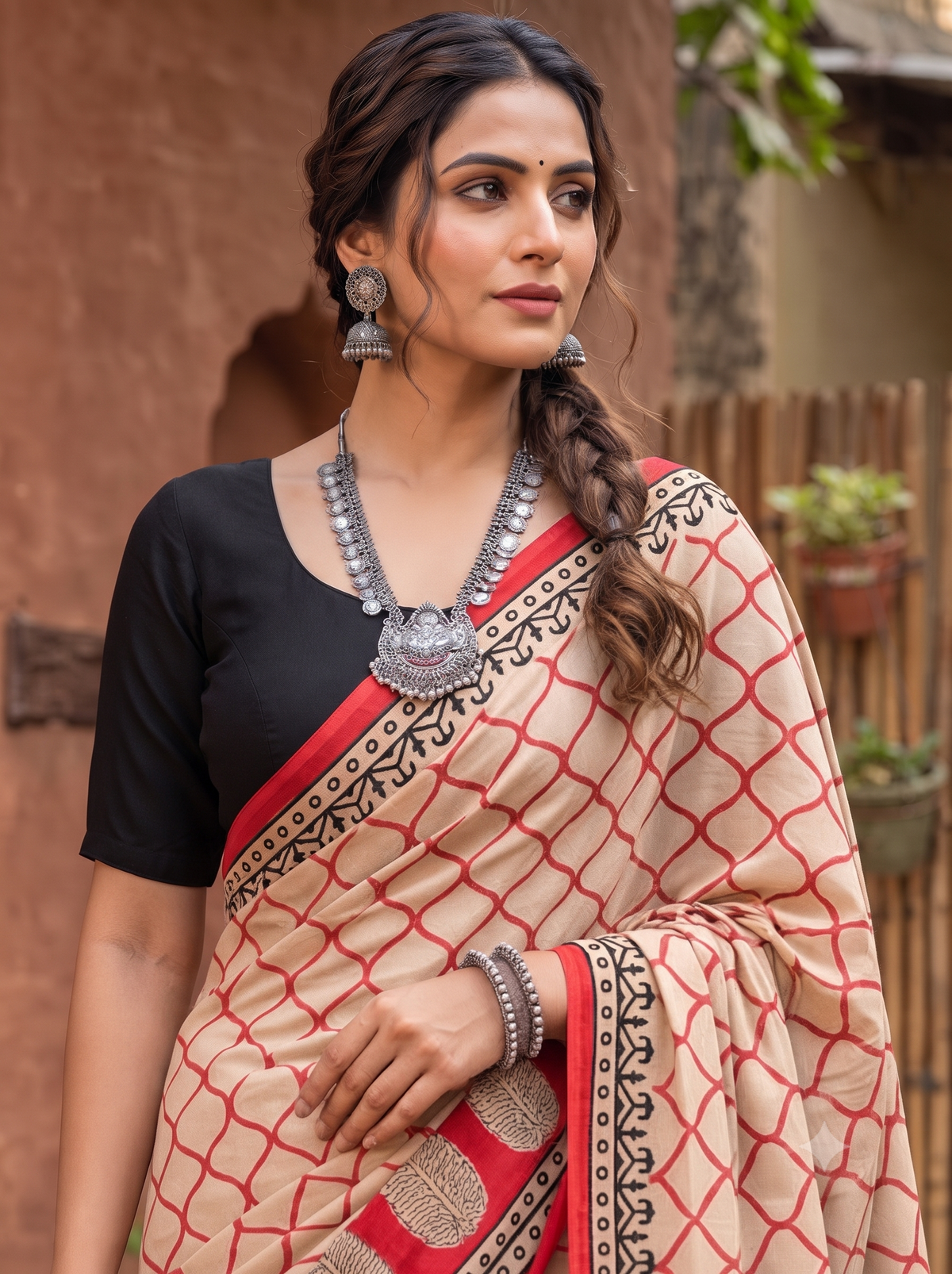 Red Beige Handblock Mull Cotton Saree