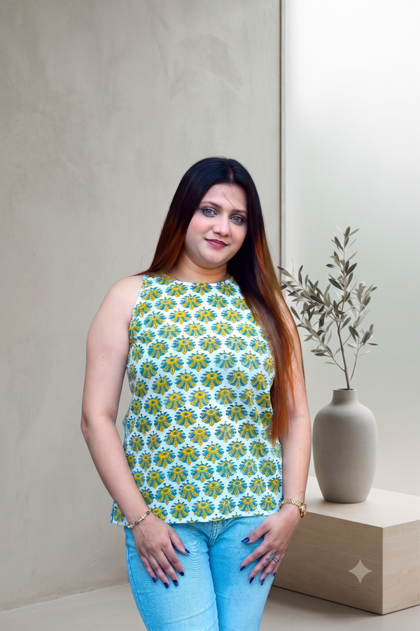 White Bagru Handblock Printed Halter Neck Short Top