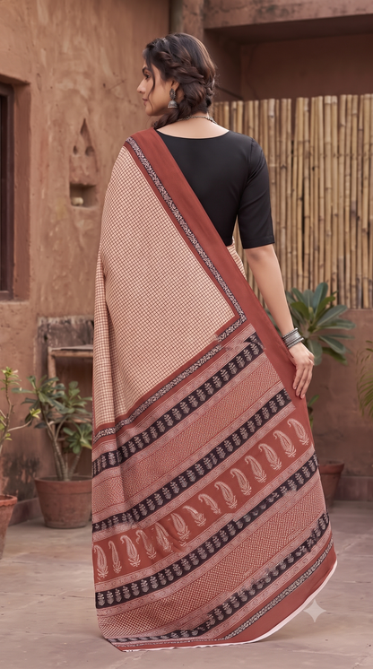 Rust Red Handblock Mull Cotton Saree