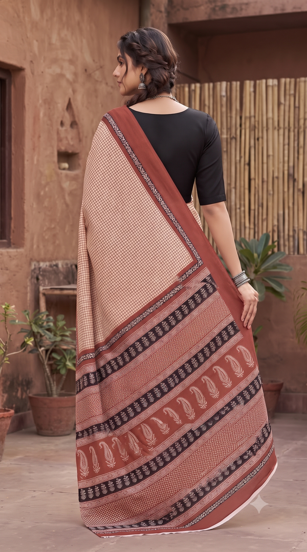 Rust Red Handblock Mull Cotton Saree