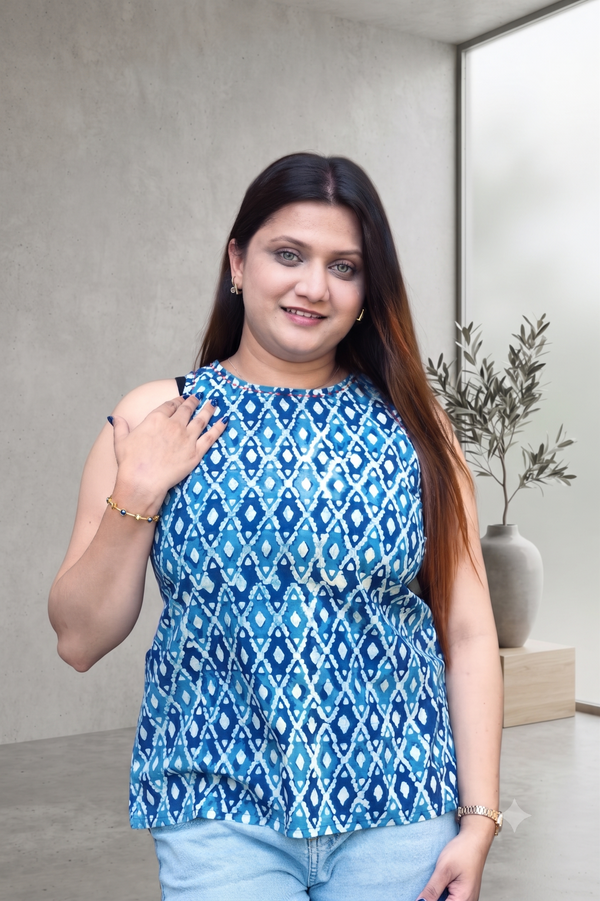Indigo Dabu Handblock Printed Halter Neck Short Top