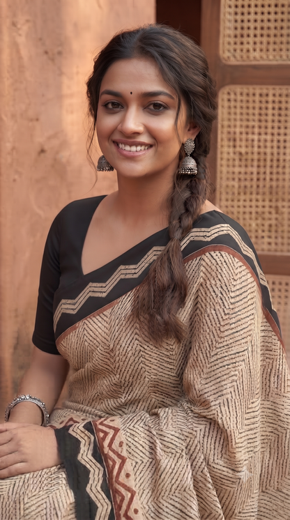 Black Red Handblock Mull Cotton Saree