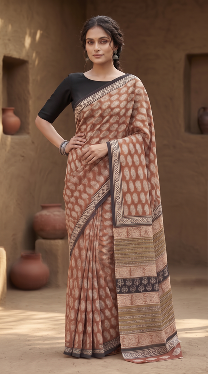 Rust Paisley Mull Cotton Saree