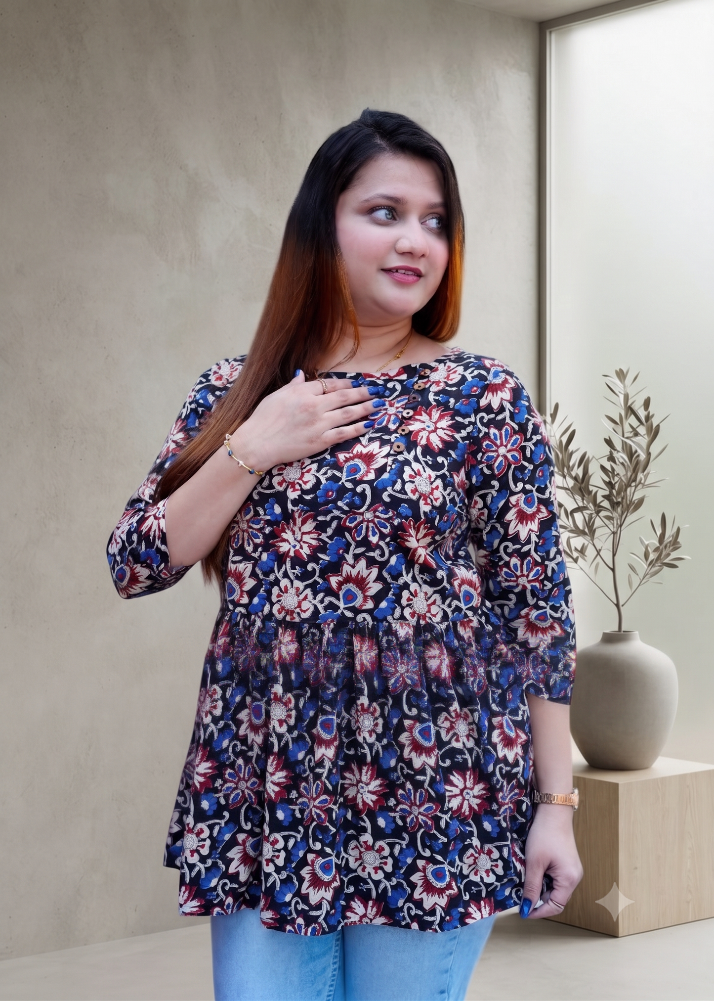 Black Brown Bagru Boat Neck Short Top