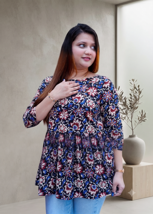 Black Brown Bagru Boat Neck Short Top