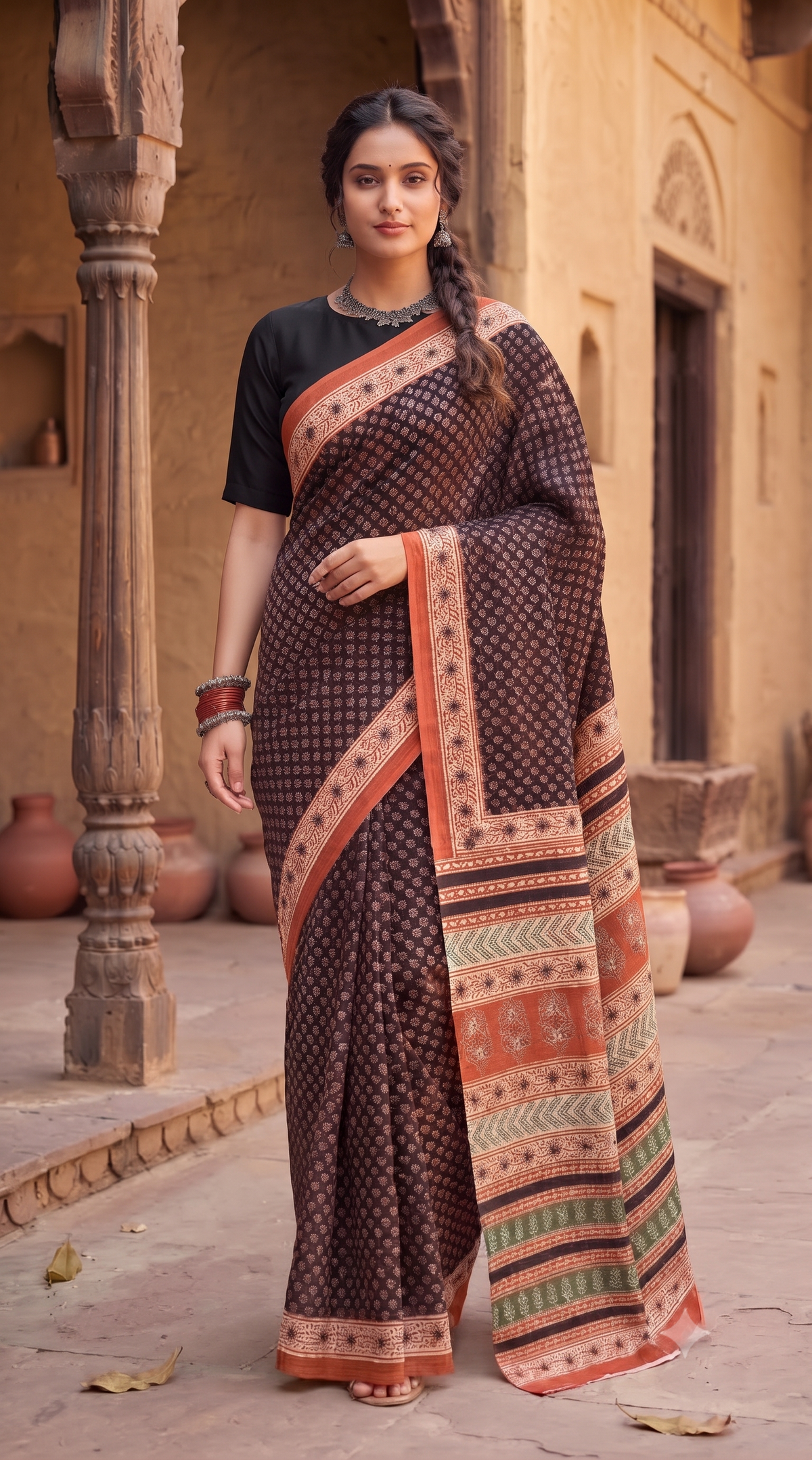 Black Rust Handblock Mull Cotton Saree