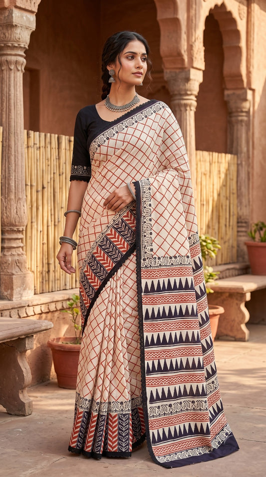 Ivory Black Handblock Mull Cotton Saree