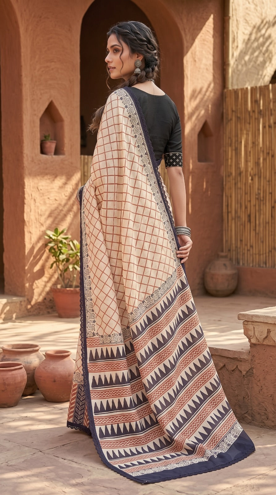 Ivory Black Handblock Mull Cotton Saree